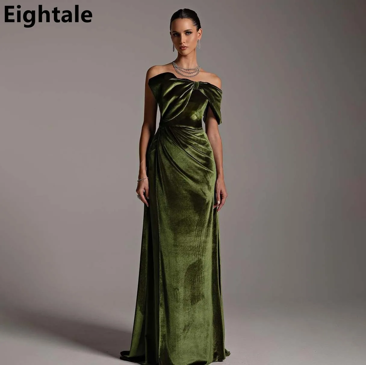 Customized 2025 Army Green Velour Bow Neck Prom Dress One Shoulder Evening Dress Women Formal Party Gown Robes De Soirée