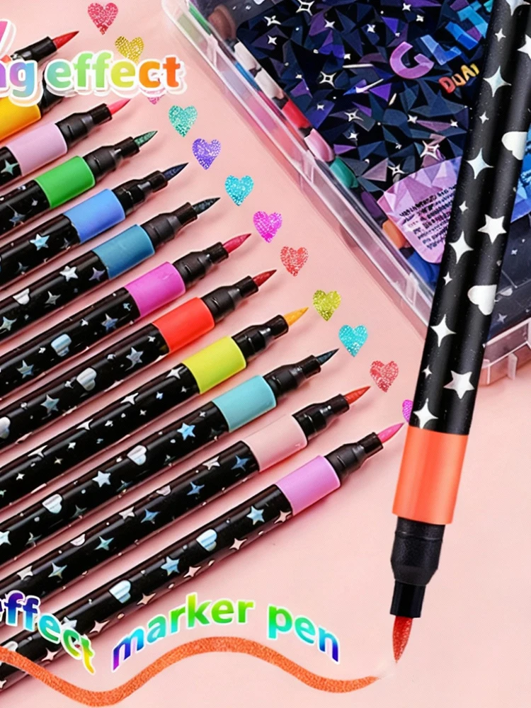 

【24/12 Colors Glitter Marker Pens】Box/Glitter Soft-Tip Acrylic Marker Pens for Students, Art-Specific, Non-Transparent, Layerable, Flashy Water-Based Color Pens for Journaling - Stationery [Professional Art Use]