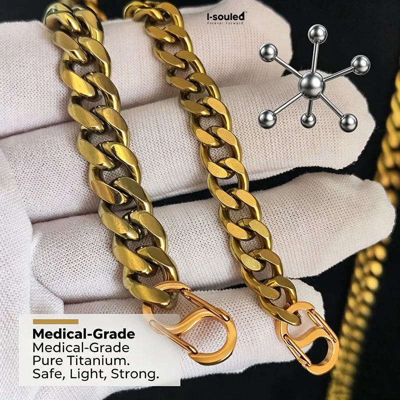 Pure Titanium Anodized Gold Cuban Link Chain Necklace Matte Brushed Finish Chunky Oversized Lightweight Non-Tarnish