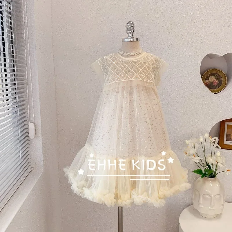 

Весенне-летнее платье для девочек, повседневная новая детская одежда, модная пряжа принцессы с жемчужным вырезом, элегантные детские праздничные платья для девочек, одежда