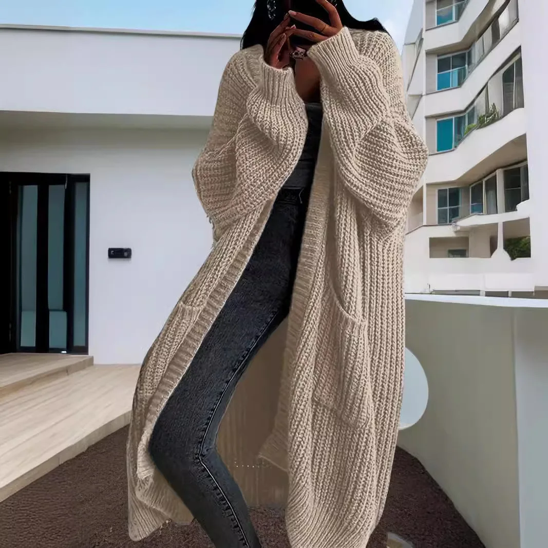 Solid Color Casual Knit Sweater Long Cardigan Coat, Women\'s Autumn and Winter New Lazy Loose Long Knitwear Coat with Pockets,y2k