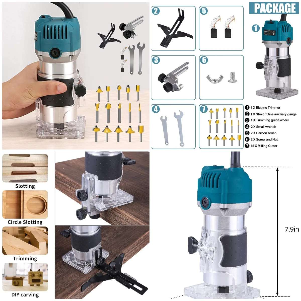 

Wood Router 800W, 15PCS 1/4' Tungsten Carbide Router Bit Set, 30000RPM Compact Electric Hand Tool for Woodworking, Edge Trimming