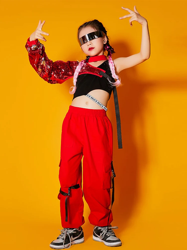 Tops Overalls Pants Red Stage Performance Outfit For Kids Wear 2023 Jazz Costume Girls Hip Hop Dance Clothes Cool Sequin