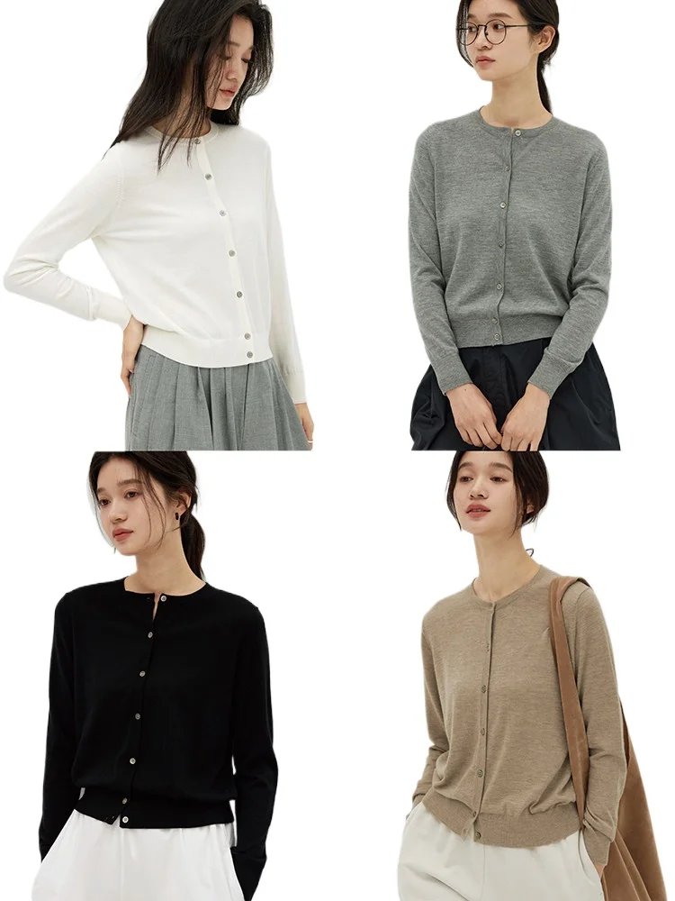 

Fine 18-needle dense knit KVSS 68/3 worsted cashmere early autumn round neck knitted cardigan short jacket women