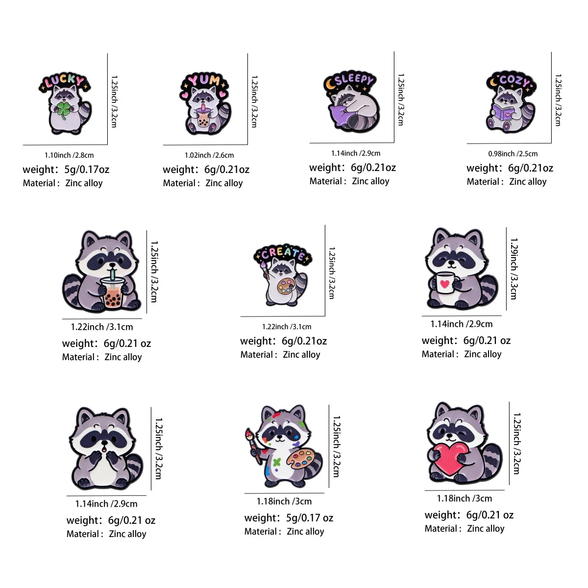 10 Stück niedliche Kawaii-Cartoon-Waschbär-Emaille-Pins aus Metall, Set mit Abzeichen für Rucksack, Kleidung, Accessoires, Schmuck, Geschenk für Freunde – Detail 1