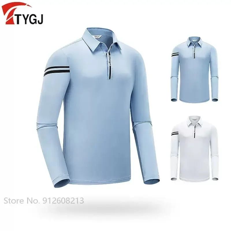 TTYGJ Autumn Men Golf Wear Casual Sports Shirt Long-sleeved Business Golf T-shirt Male Elastic Striped Tops Tturn-down Collar