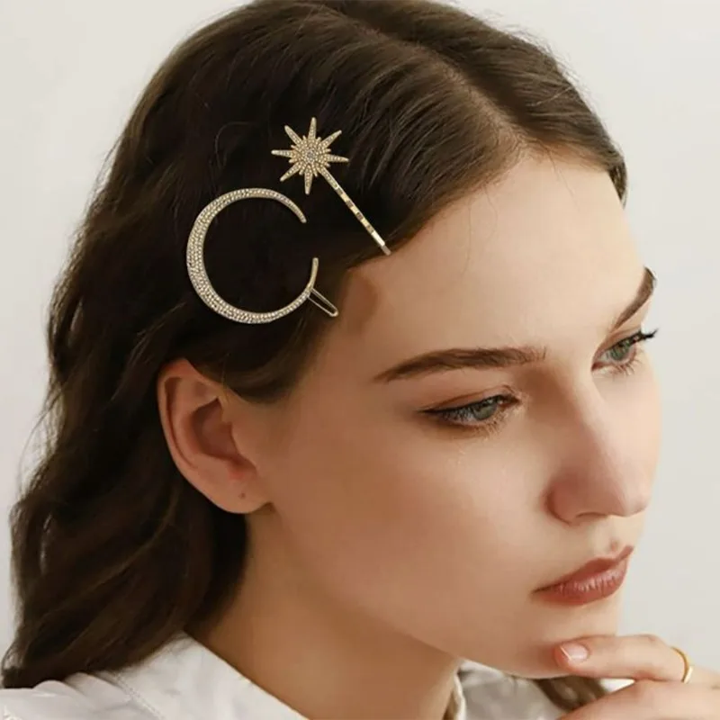 

Набор из 3 заколок для волос в форме звезды и луны, с плоскими стразами, винтажные заколки для женщин, для челки, для вечеринок, свадеб, фестивалей, аксессуары для волос