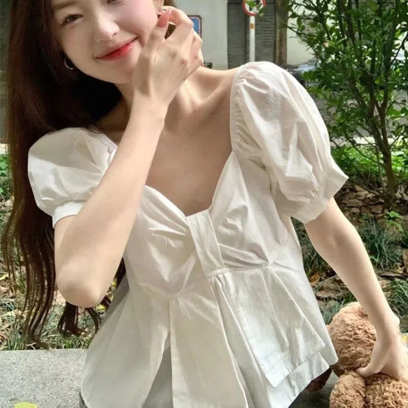 Summer New Solid V-neck All-match Simplicity Pleated Bow Short Sleeve Shirts Tops Elegant Sweet Fashion Short Women Clothing