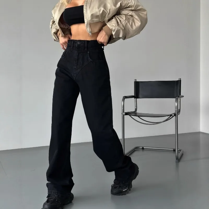 Spring  Simple Solid Color Loose Straight-leg Casual Versatile Fashion Trend Brand Wide-leg Jeans Women High Waist Relaxed Fit