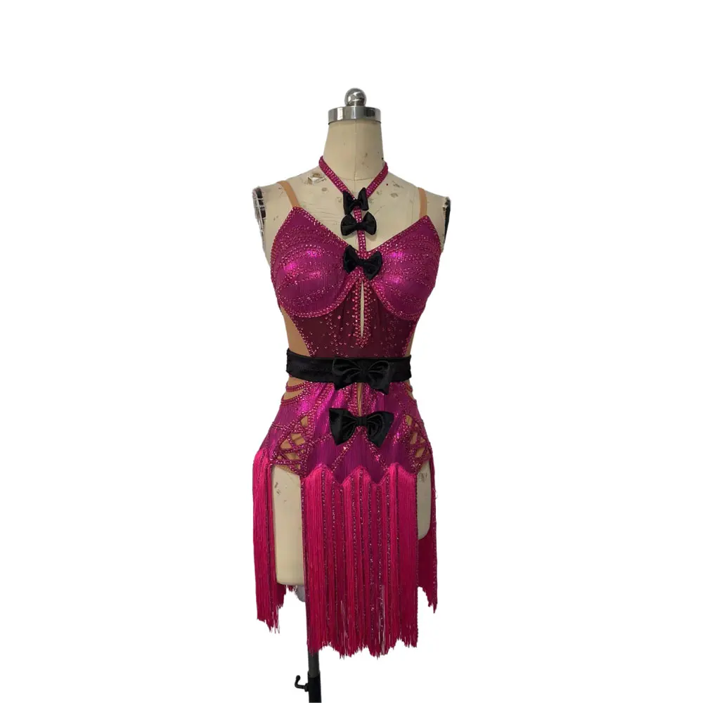 Palco de dança latina feminino high-end personalizado material brilhante arco preto samba strass desempenho roupas vestido