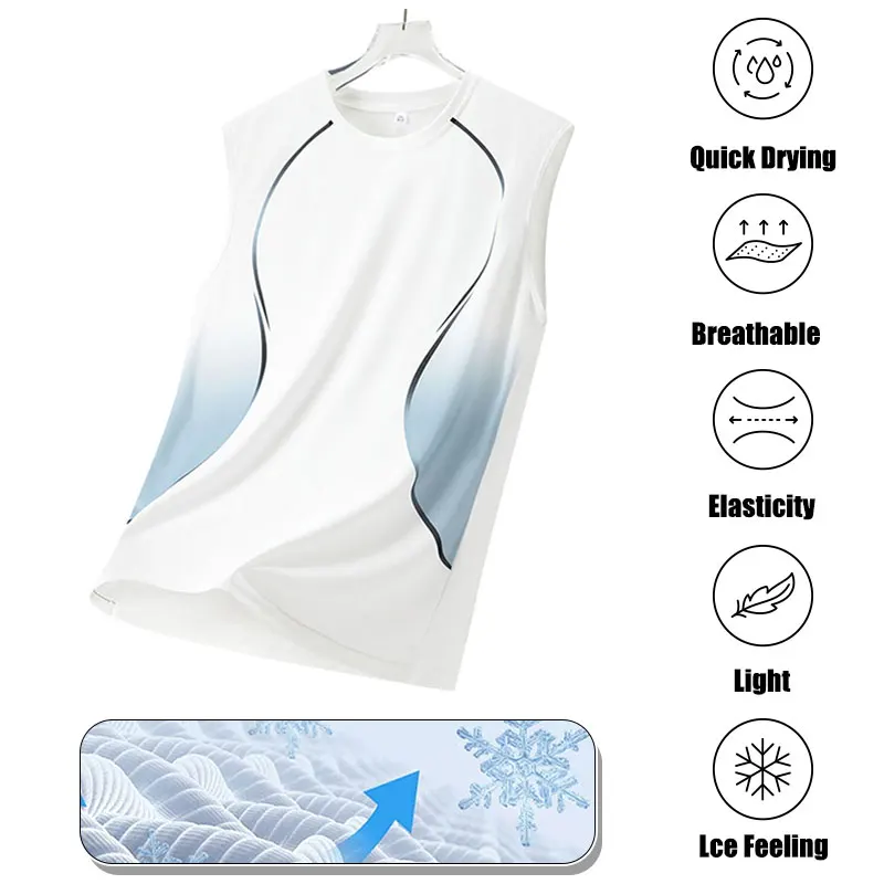 Men's Summer Casual Running Vest Gym Fitness Elastic Breathable Ice Feel Sleeveless Vest Men Hiking Loose Multicolor Sports Vest