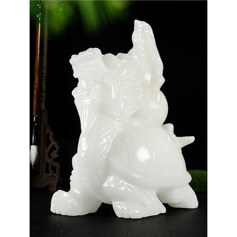 Natural white jade gourd and dragon turtle ornaments for fortune, prosperity, longevity, wealth, home protection, living room, s