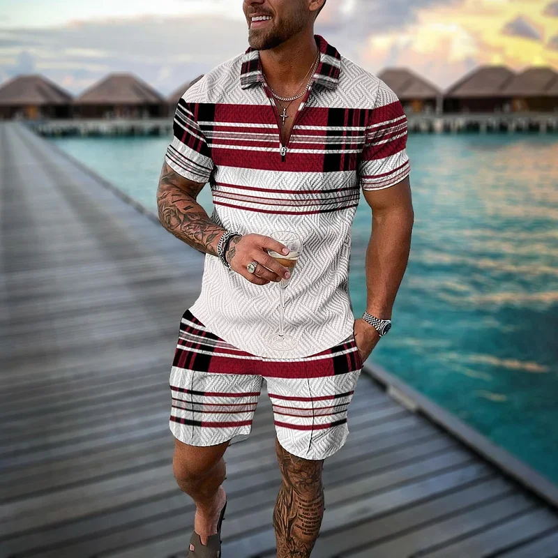 Men Zipper Polo Shirt Suit 2 Pcs Tracksuit Summer 3D Print Beach Boho Geometric Style Holiday Clothing Ensembles De Sport
