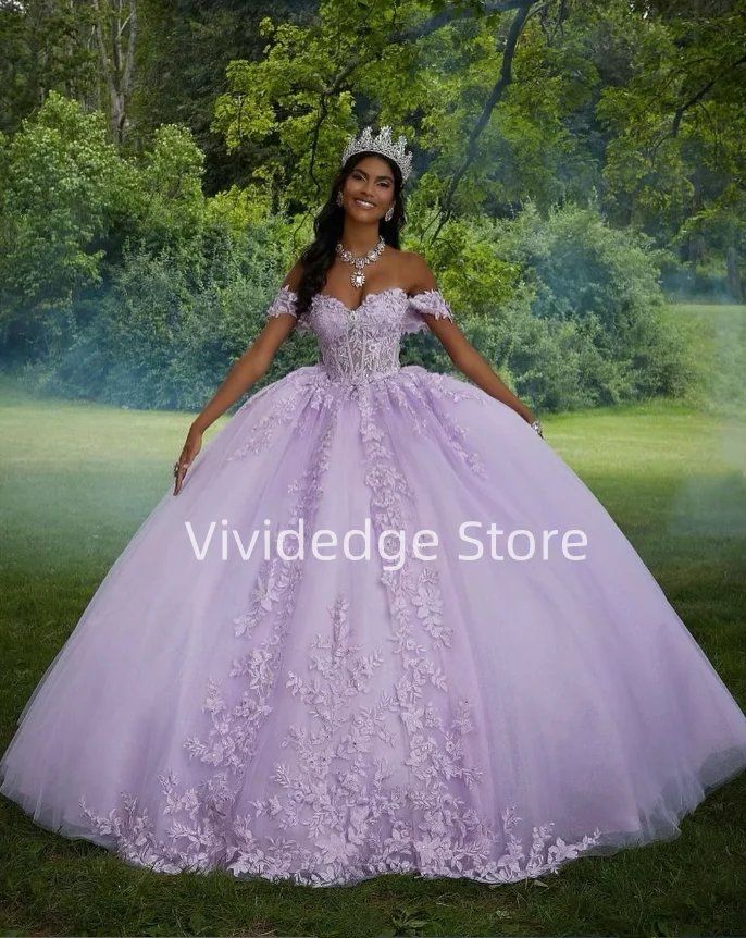 Vestido elegante princesa Quinceanera, Apliques florais com arcos, vestido roxo lilás para o baile, sem alças, cordões, 15 anos ocasião formal