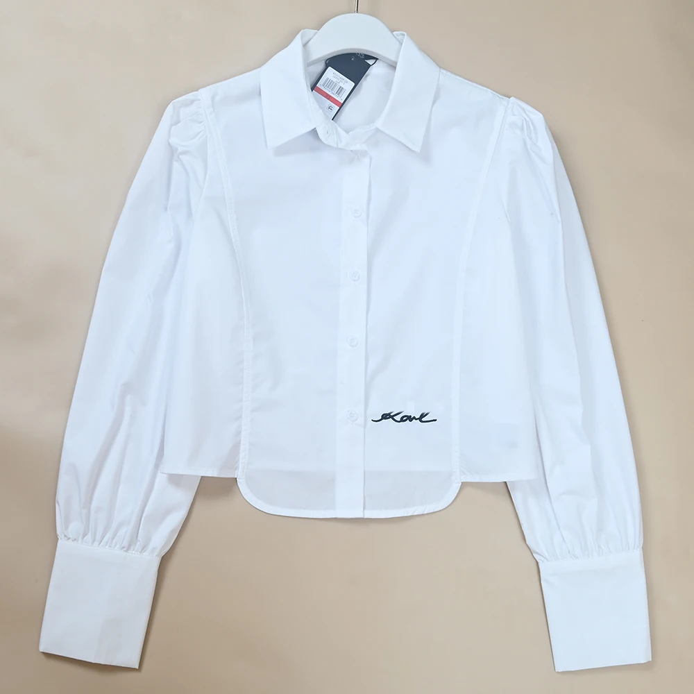 Herfst Winter ort Sve Dames irt Geborduurde Letter Lange Sve Wit Turn-down Kraag Katoen Ademend Comfortabel