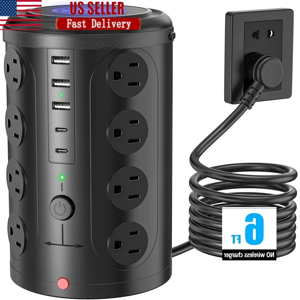 

Tower Power Strip Surge Protector 16 Outlets 5 USB Ports 2 USB-C 6FT Extension Cord Heavy Duty Multifunctional Charging Station