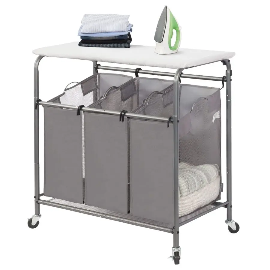 

3Section Laundry Sorter with Foldable Ironing Board, HeavyDuty Rolling Laundry Cart with and Removable Bags, Triple Laundry Hamp
