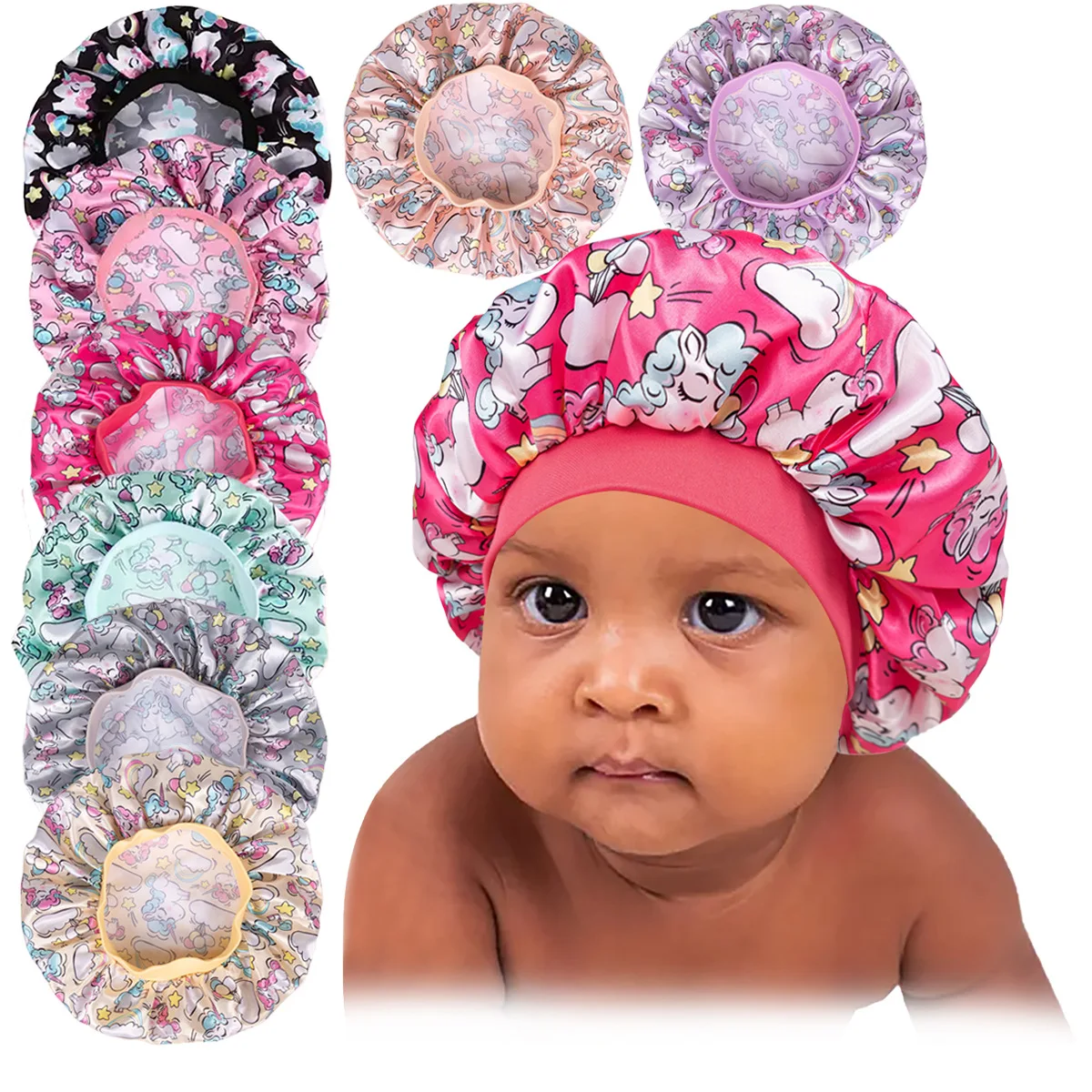 2-8Y New Fashion Elastic Print Baby Shower Cap Headband Adjustable Wide Edge Baby Night Sleep Cap Children Curly Hair Care Cap