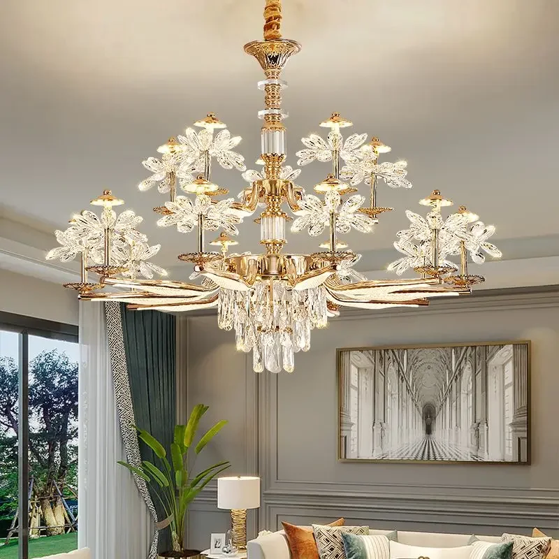 

American Luxury Flower Chandelier Foyer Lustre K9 Crystal Pendant Lights French Living Dining Room Home Decor Led Lamparas Lamp