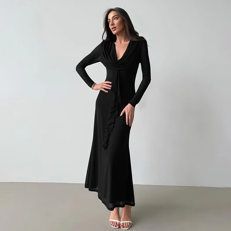 Outono novas mulheres maxi vestidos dupla moda camada malha streetwear mangas compridas vestido sólido sexy com decote em v vestidos femininos elegantes