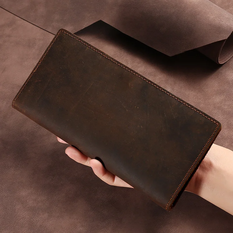 Retro Long Leather Wallet Men Foldable Business Head Layer Cowhide Handheld Bag Anti-Theft Daily Match Shopping Bag Matching