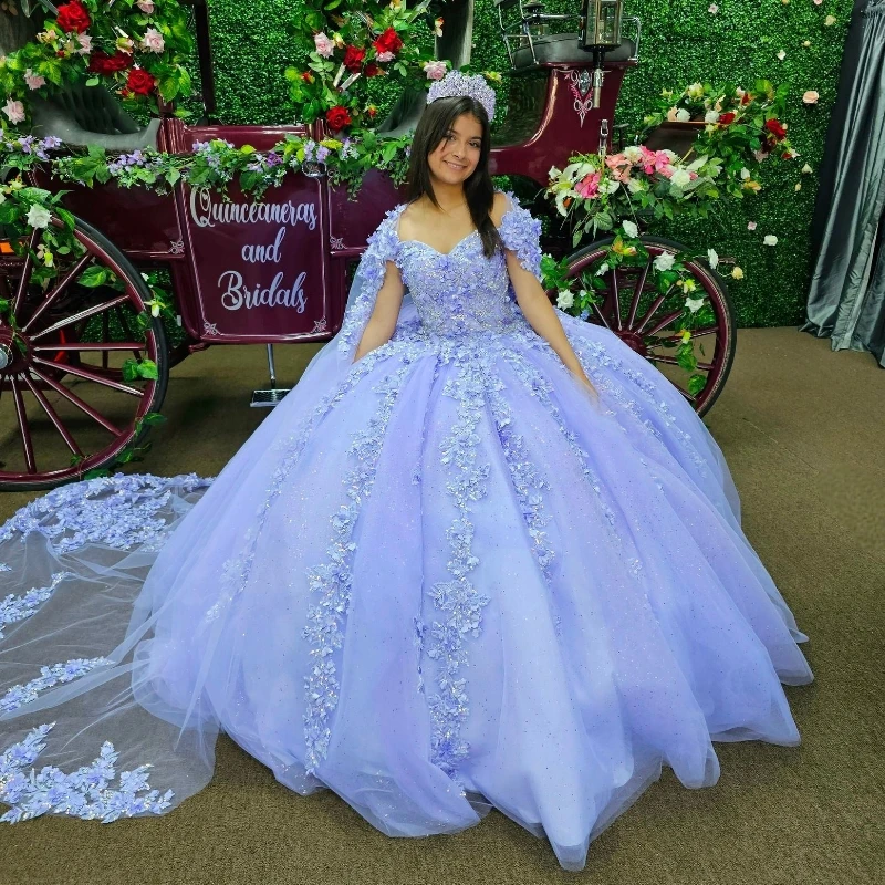 Lorensia gaun pesta berkilau Lavender gaun Quinceanera manik-manik renda applique bunga 3D dengan korset jubah Vestidos De 15 aultros YQD552