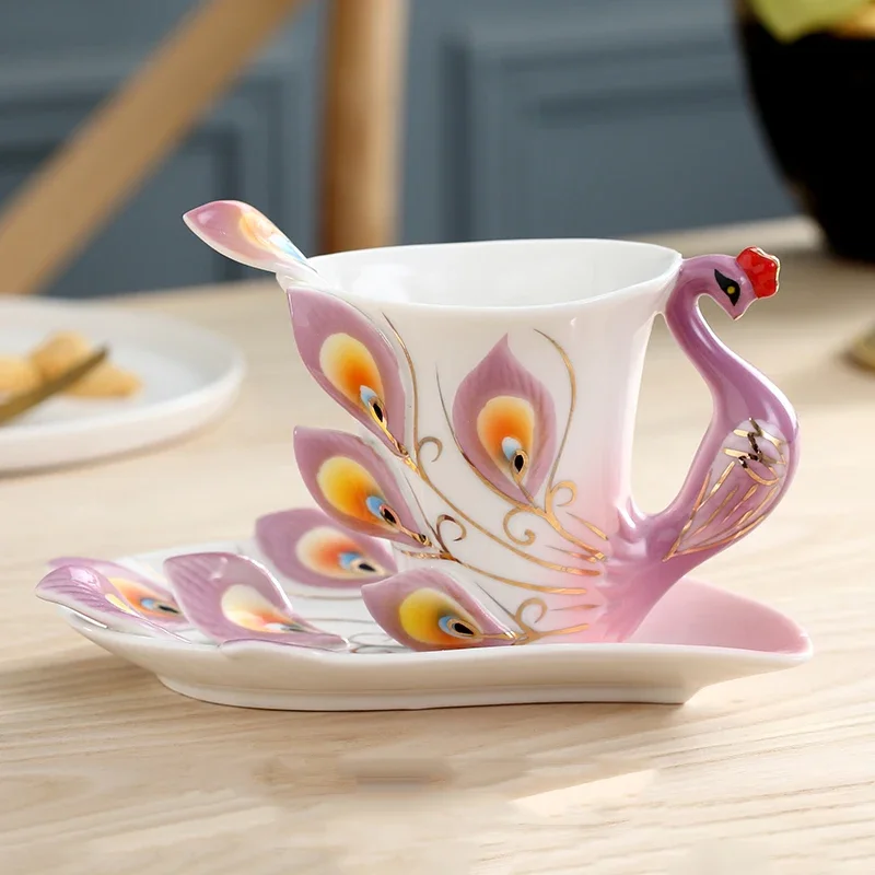 European Peacock Coffee Cup Saucer Spoon Set Ceramic Accessories Home Livingroom Ornaments Crafts Dining Room Table Decoration