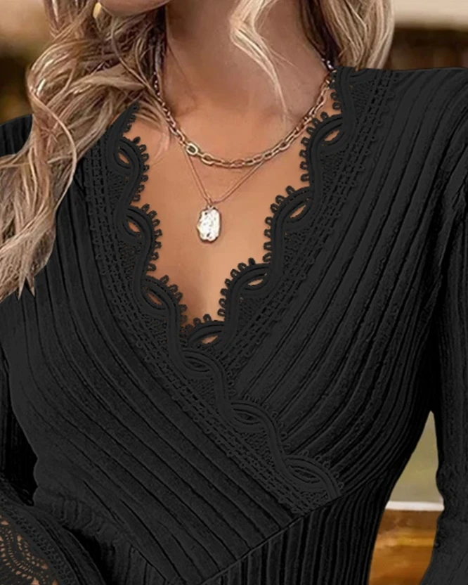 Fashion Woman Blouse Spring V-Neck Lace Patch Hollow-Out Criss Cross Long Sleeve Casual Plain Skinny Daily Tee Top Y2K Clothes