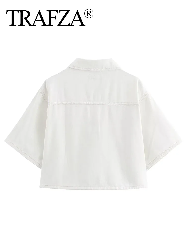 TRAFZA-abrigo vaquero de manga corta para mujer, cárdigan blanco con cuello vuelto y bolsillos salvajes, de una sola botonadura, a la moda, 2024