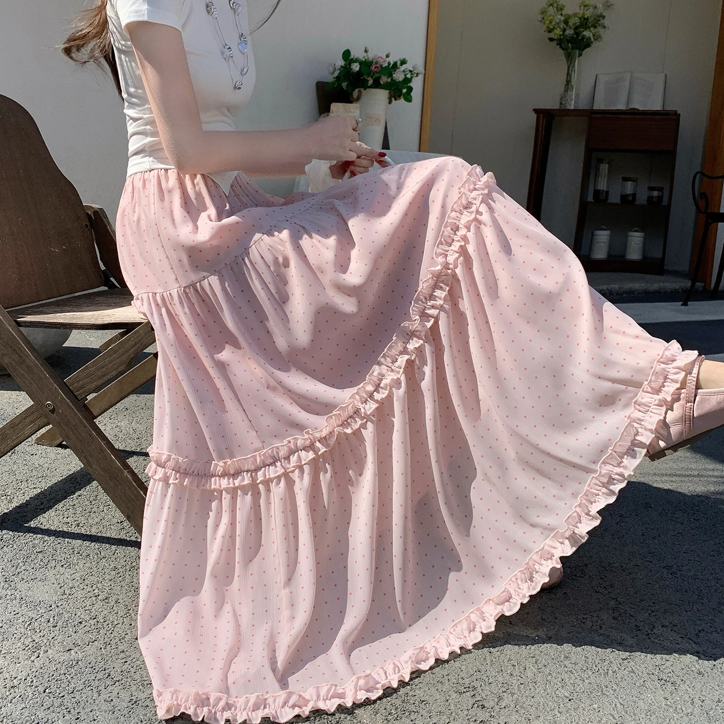 Elegant Pink Polka Dot Maxi Skirt Women 2026 Spring Summer New Slimming Chiffon Tiered Long Skirts