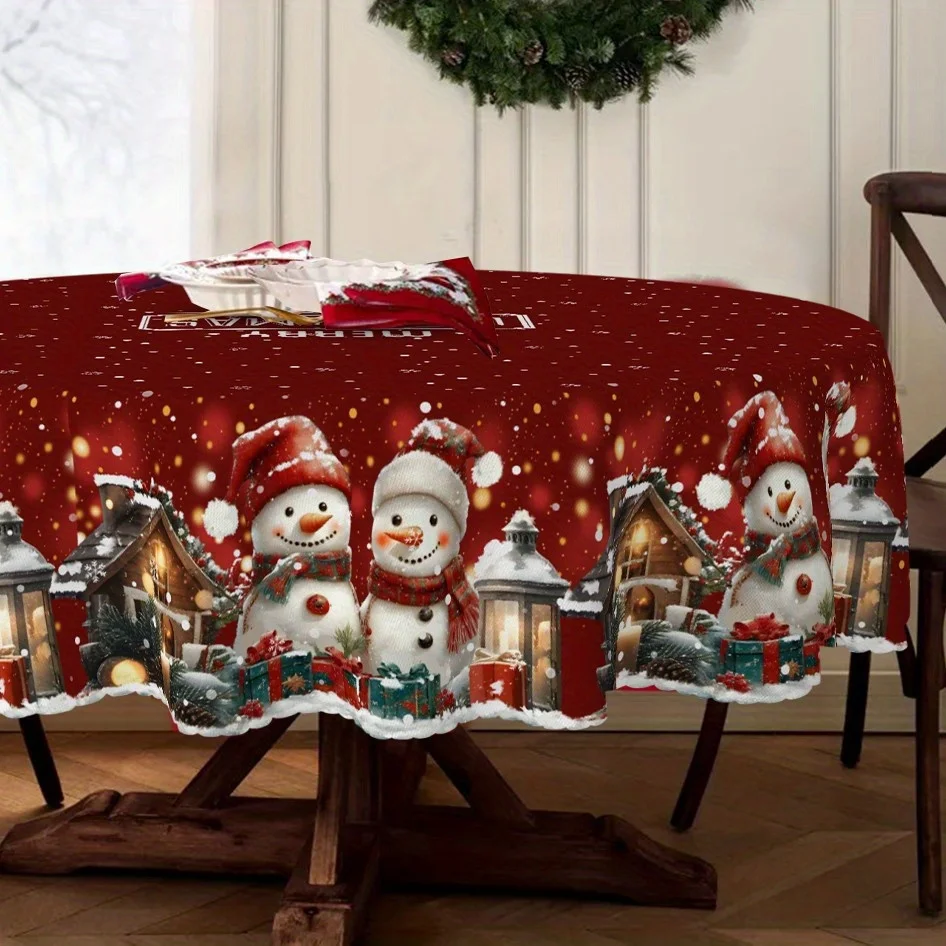 1pc VESPRI Christmas Snowman Tablecloth with Snowflake & Snow Farm Design - Winter Themed Rectangular ' Table, Fabric Suitable for Indoor/Outdoor Holiday Dining, Farmhouse Decorations
