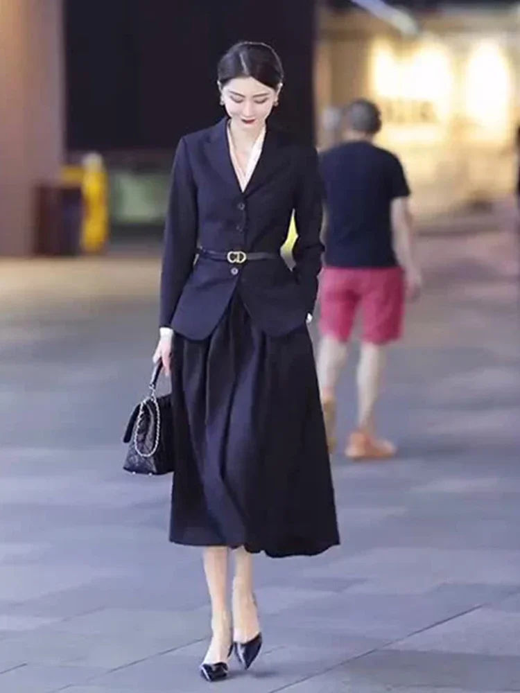 

Insozkdg Autumn Small Fragrance Style Single-breasted Suit Jacket Skirt Suit Vintage Belt Blazer Long Skirt Two-piece Sets Woman