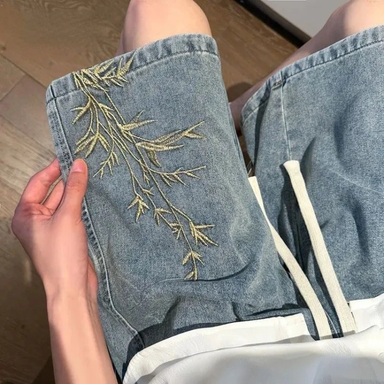 New Chinese Style Bamboo Embroidery Denim Shorts Summer Thin Black Wide Leg Pants 2024  Loose Straight Five-point 