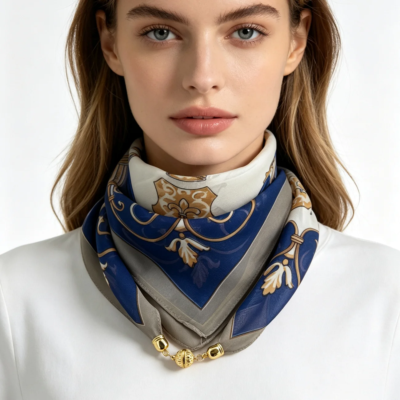 1pc chain carriage pattern print chiffon silky square scarf with magnetic clasp, lightweight and soft decorative scarf, a convenient scarf