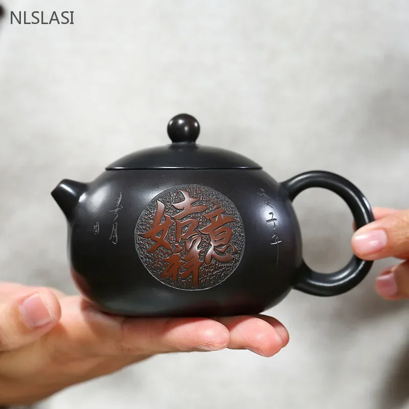 

210ml Hand-painted Black Mud Xishi Teapot Yixing Purple Clay Tea Pot Raw Ore Zisha Beauty Kettle Ball Hole Filter Teaware