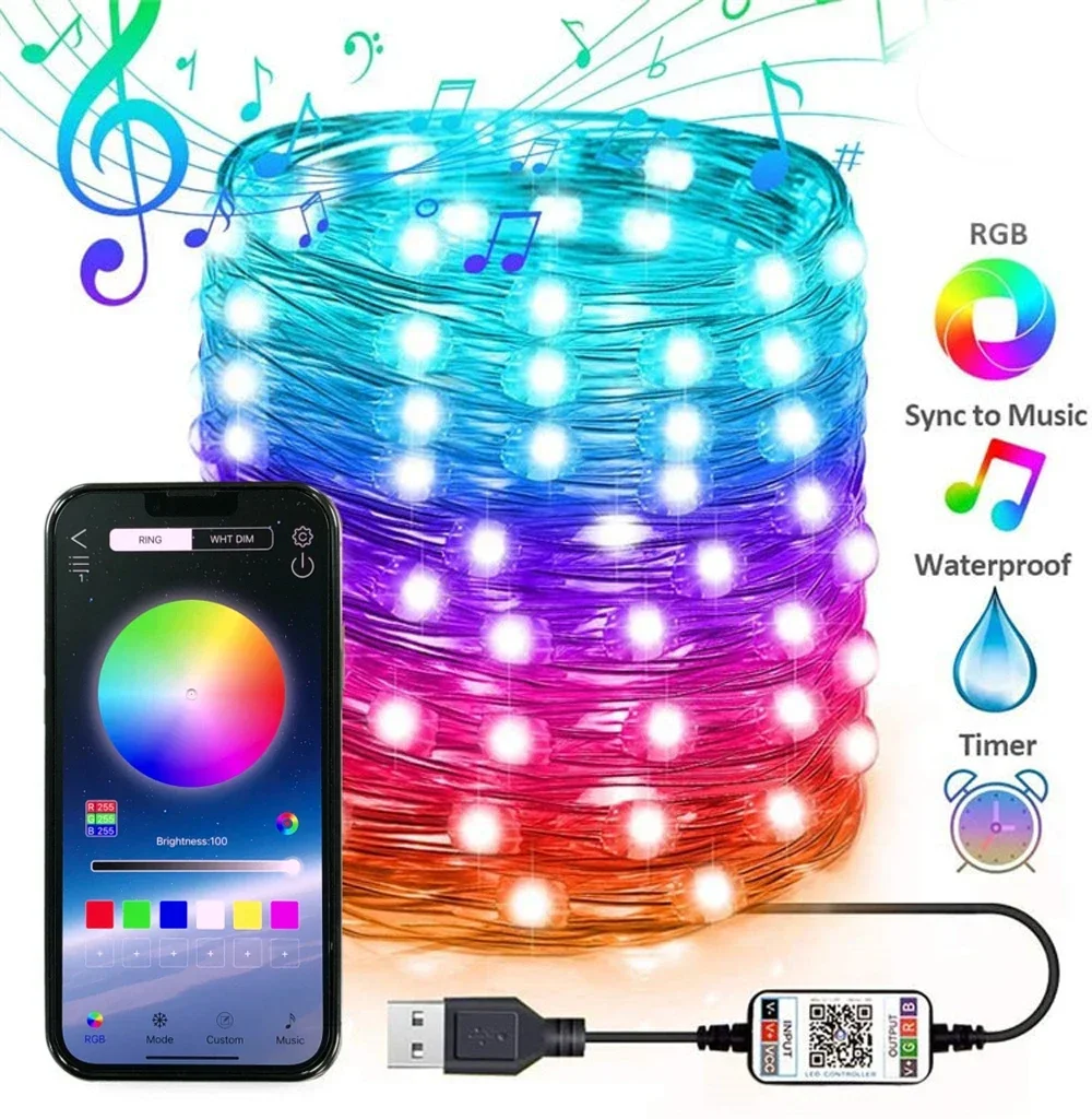 

Smart Bluetooth Control USB LED String Lamp Outdoor App Remote Control Garland Fairy Lights Decoration RGB Christmas Tree Lights