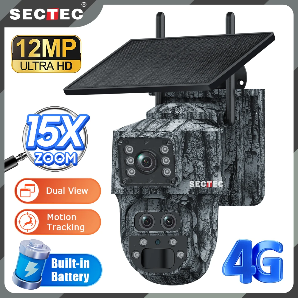 SECTEC 4G Solarkamera für den Außenbereich, drei Objektive, WiFi-Überwachungskamera, 12 MP, HD, PTZ, Nachtsicht, PIR-Bewegungserkennung, IP66
