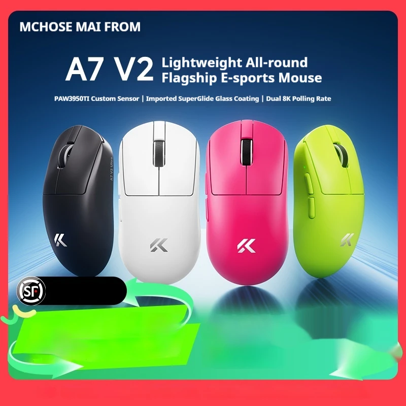 MCHOSE A7 V2 ماوس لاسلكي ثلاثي الوضع بلوتوث خفيف الوزن PAW3950TI الاستشعار المزدوج 8K Esports الألعاب الفئران للكمبيوتر المحمول هدية