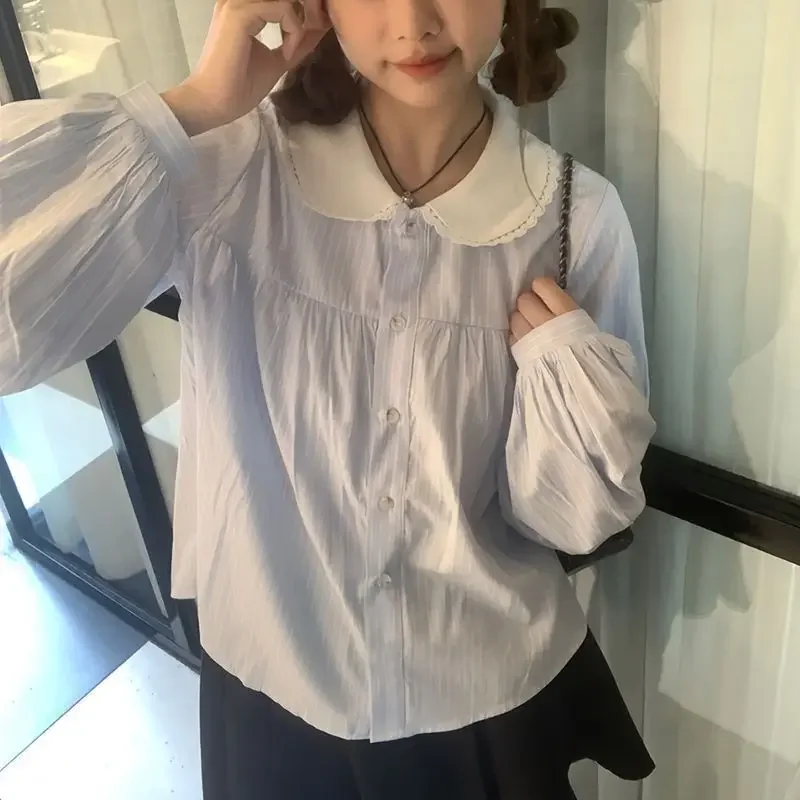 النمط الياباني قمصان مخططة النساء الكورية موضة لطيف المرقعة البلوزات طويلة الأكمام بيتر بان طوق بلايز عادية