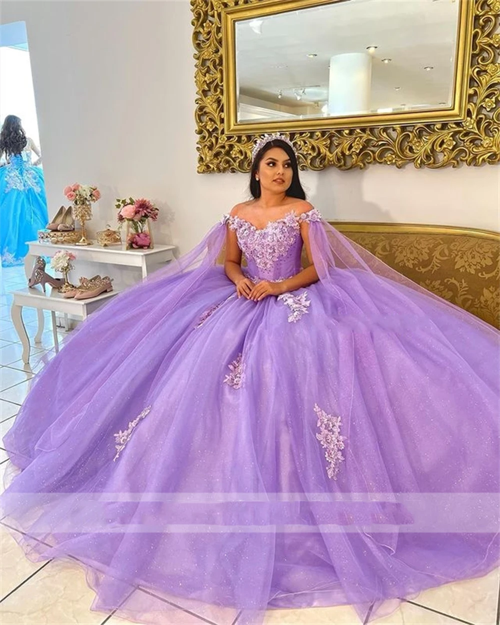 Msikoods-vestido de baile con hombros descubiertos para niña, traje de baile de quinceañera, apliques, vestidos de fiesta formales de celebridades con capa