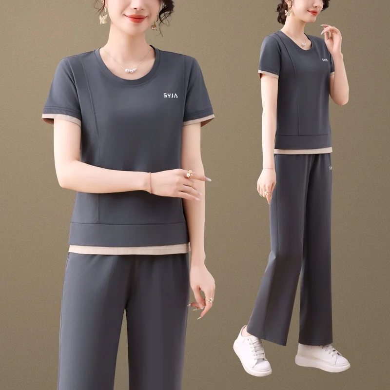 

Summer Casual Loose ort Sve Two-Piece Set Mom Leisure Sportswear New Sle Ele Middle-Aged And ly Women's Top