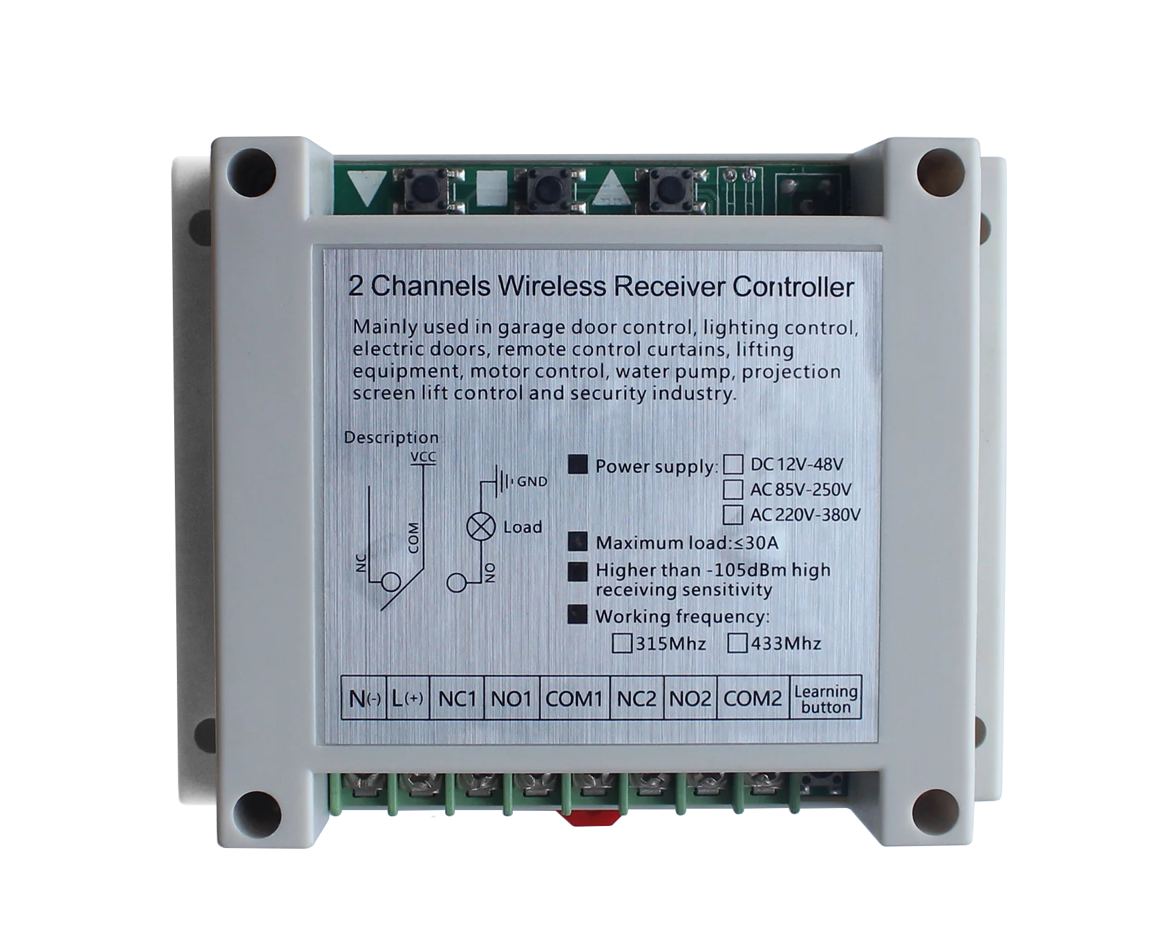 

2 channels 433mhz DC220-380V wireless rf receiver 2 relays wireless outputs