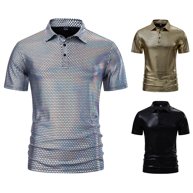 New Men's T-shirt Fashion Casual Short Sleeve Sparkle Sequins Male Polo Shirt 70s Disco Costume Nightclub Party Tee