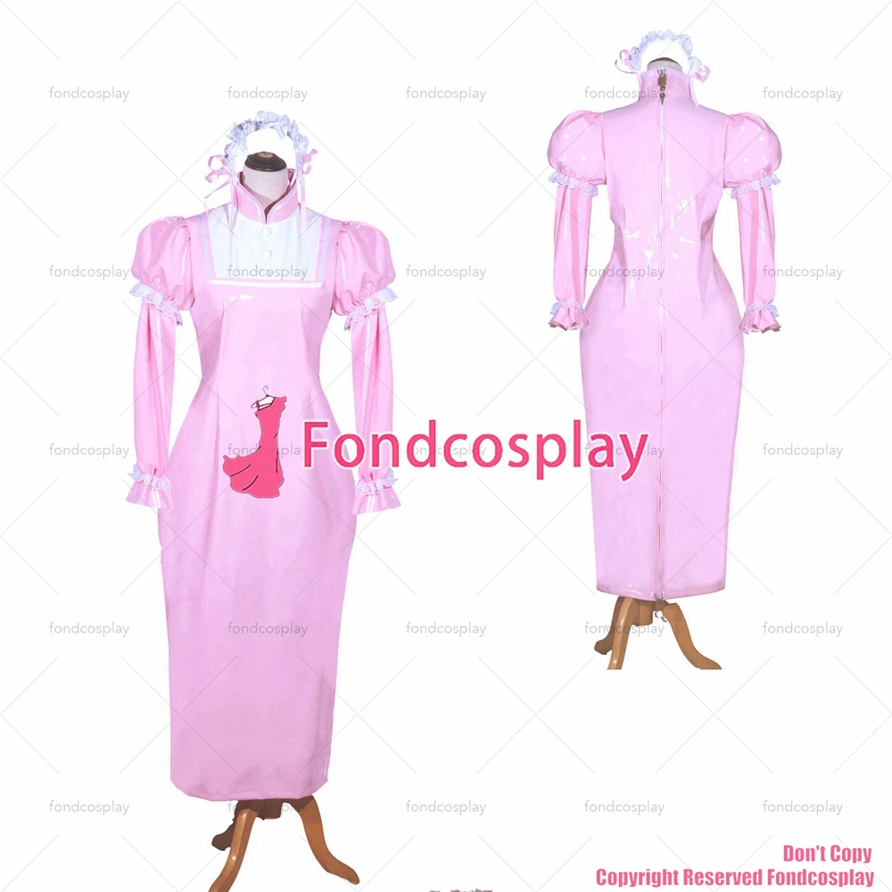 

fondcosplay adult sexy cross dressing sissy maid long French Lockable Baby Pink thin PVC Dress Uniform CD/TV[G3980]