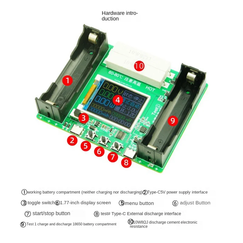 Lithium Battery Capacity Tester Module, Digital Power Detector, MAh MWh, Tipo C, 18650