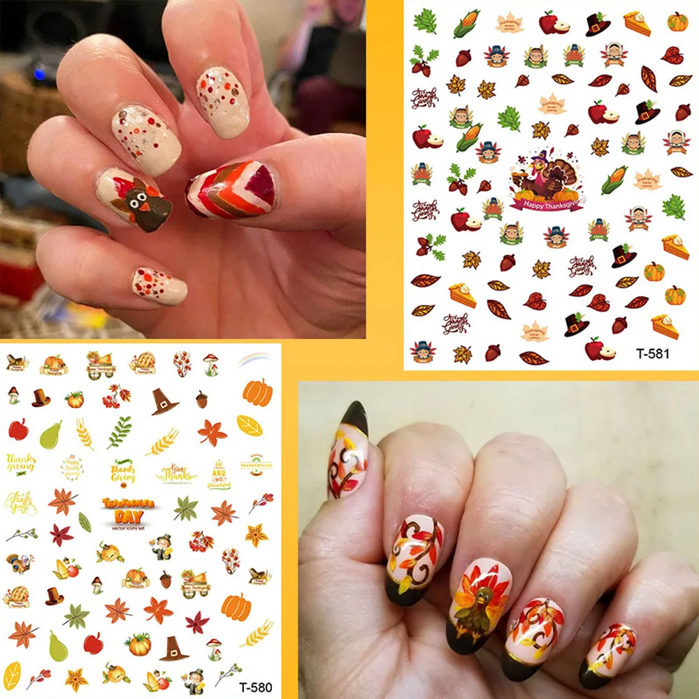 Pegatina 3D para decoración de uñas, calcomanías adhesivas con 5 diseños de hoja de arce, calabaza, pavo, Día de Acción de Gracias, otoño