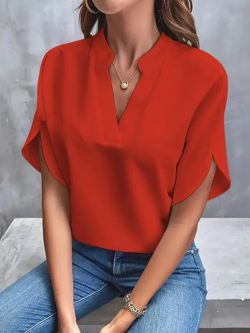 Women Solid Color V Neck Pullover Shirt 2024 Summer Casual Loose Flared Short Sleeve Blouse Elegant Female Office Commuter Tops