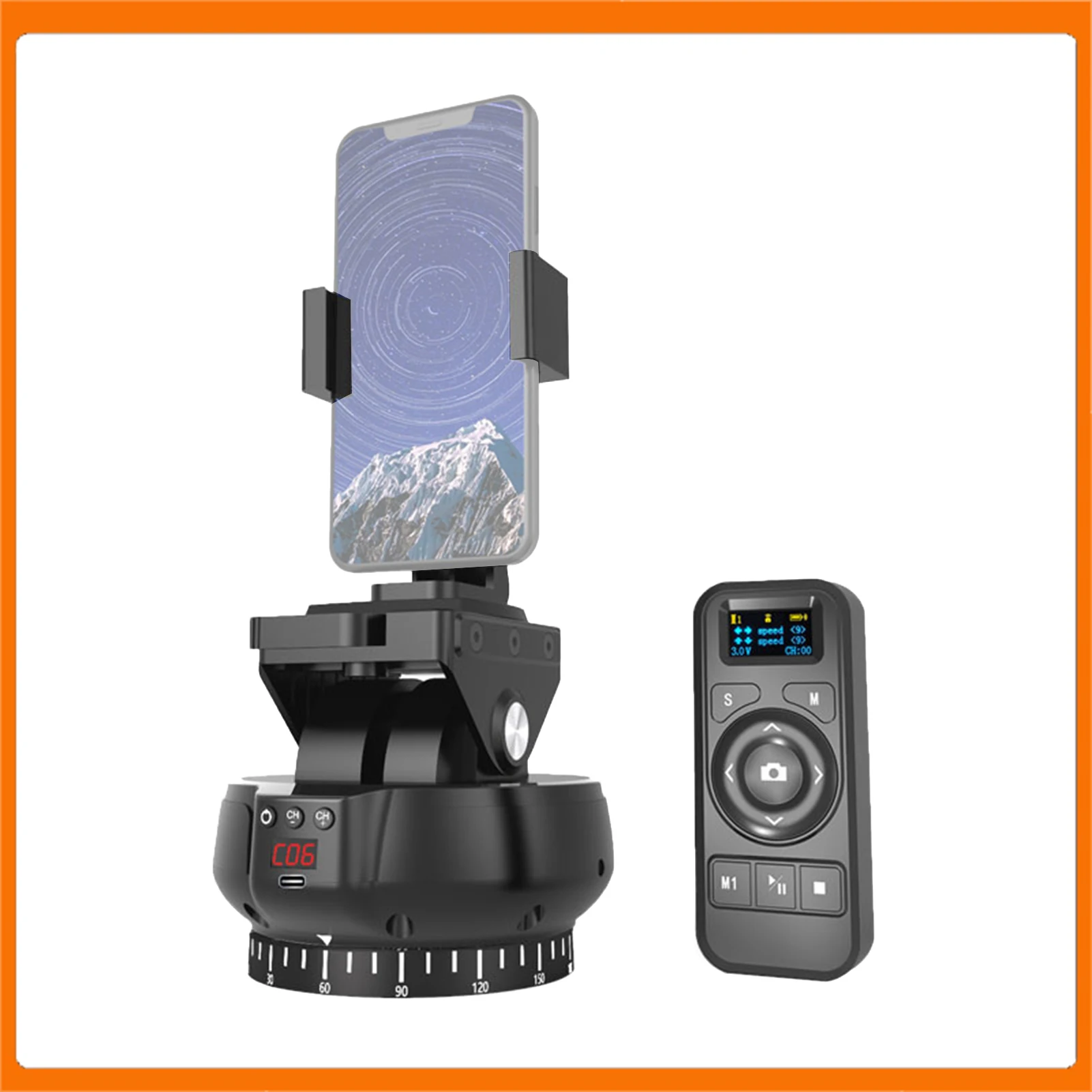 360 °   Панорамная головка штатива с вращением, беспроводной пульт дистанционного управления 100 м, 9 уровней, регулируемая скорость, грузоподъемность 1 кг с зажимом для телефона