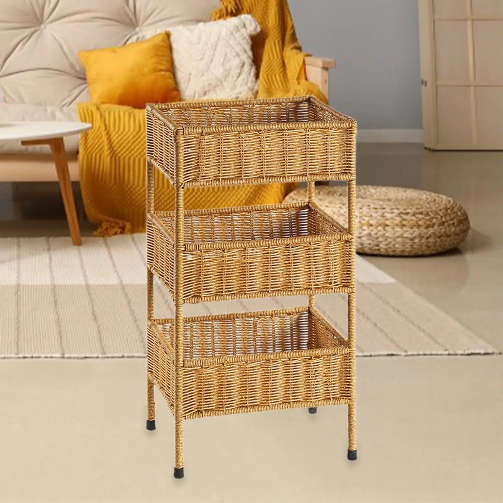 Three Layered Imitation Rattan Basket Rack Utensils Rack for Living Room