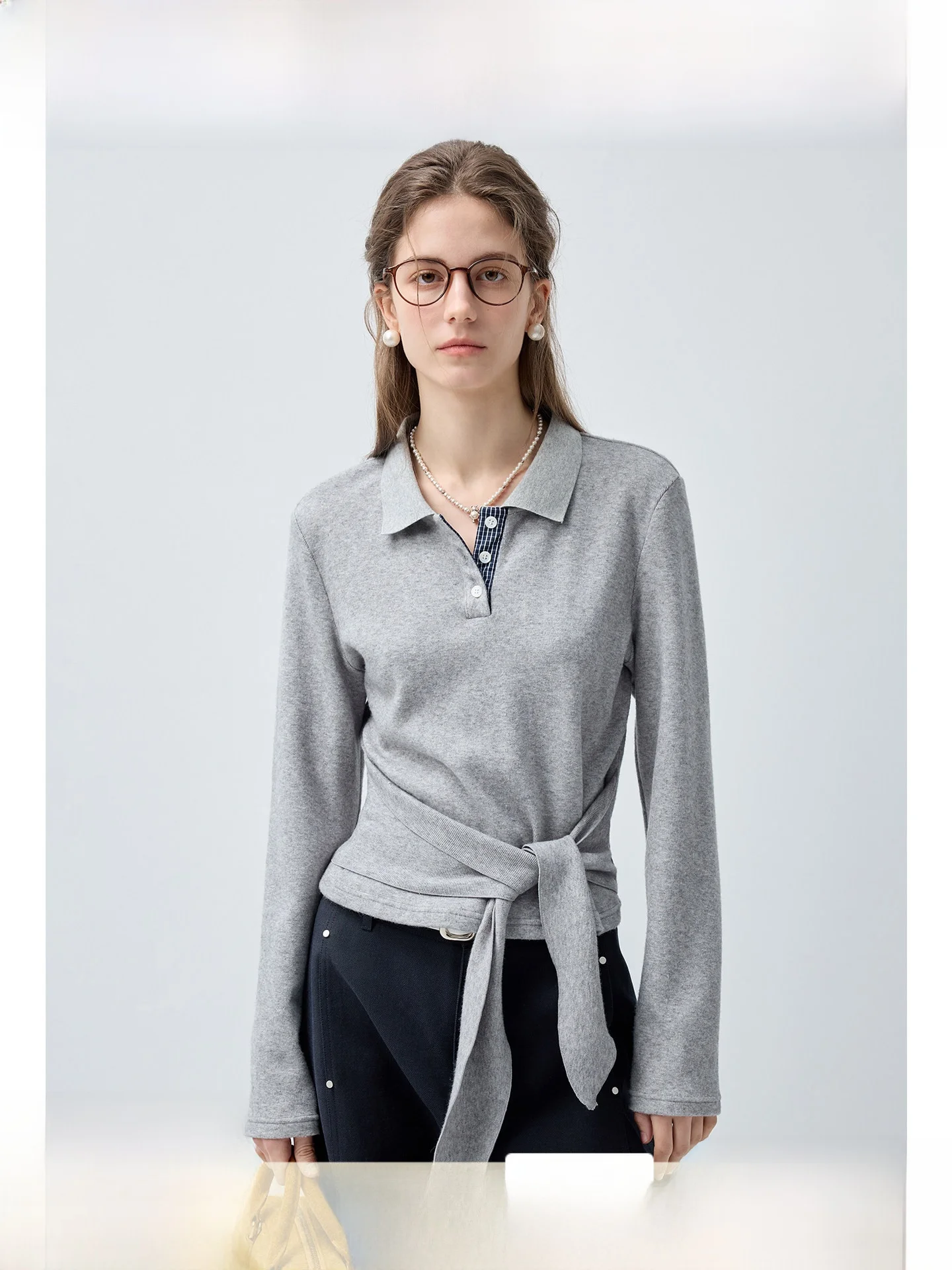 

Женская футболка больших размеров, стандартный крой, с длинным рукавом, отложным воротником, утягивающая талию, повседневная, весенняя мода